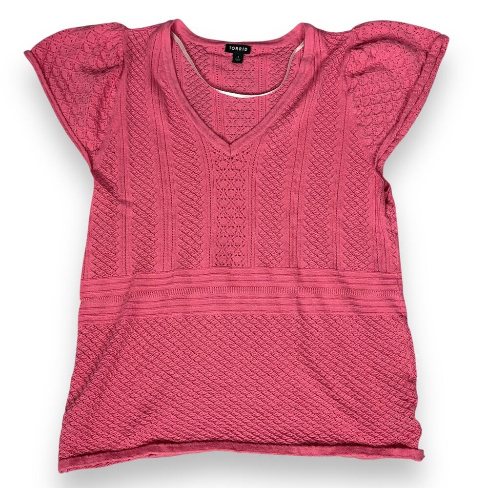 Torrid Pink Pointelle Flutter Sleeve V-Neck Knit Sweater Top Plus‎ Sz 1 Everyday